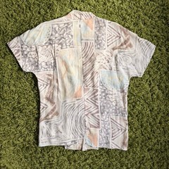 Vintage 70s Draped Rayon Print Blouse | Neutral Abstract | Shawl Collar | Size L