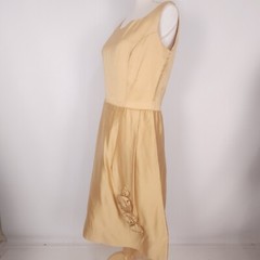 Gold Satin 50s Dress Ladies M Rose 3D Pinup Mad Men Cocktail Prom Gown Bombshell