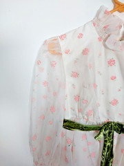 Vtg 70’s Prom Dress White w/ Pink Flocked Roses Green Velvet Belt High Waist