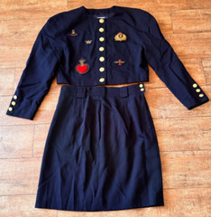 Size 40 Vintage MONDI Military 80s U.S. 10 Jacket & Skirt set blue patches women