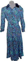 Vintage Karin Stevens Teal Paisley Button Up Dress Size 16 Velvet Collar Rayon