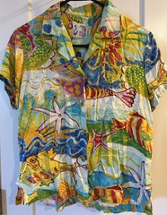 Vtg 80s 90s JAMS WORLD Rayon Hawaiian FISH SEA ABSTRACT ART Print Shirt XS
