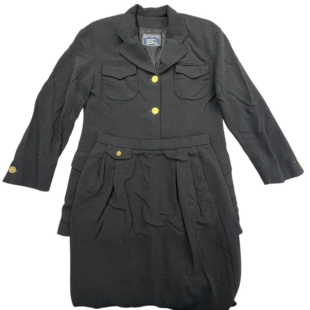 Vintage Burberrys Skirt Suit Womens 10/12 Black 100% Wool Knit 2 Piece Blazer