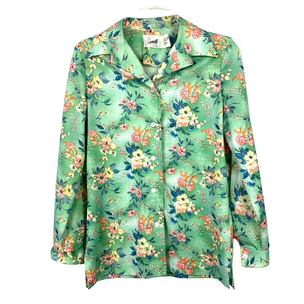 Vintage 60s Hamilton 8 Dallas Floral Gauze Button Long Sleeve Shirt Women 36