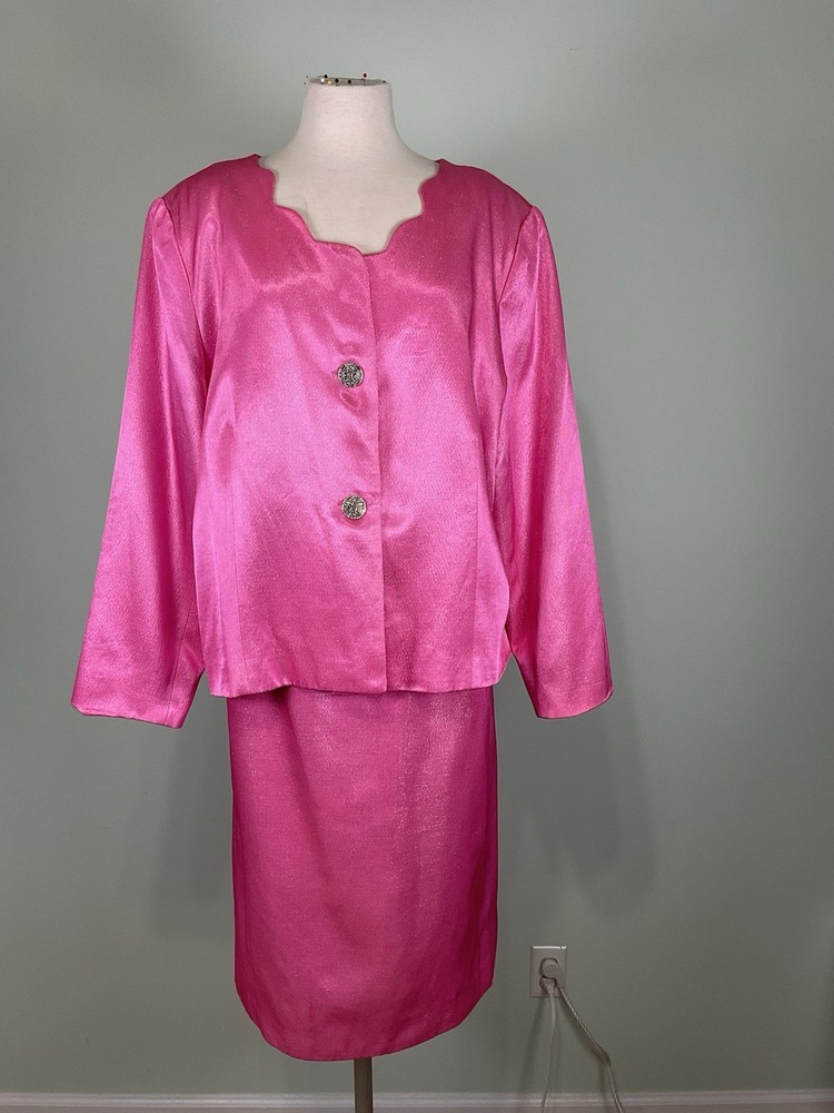 VTG Chad Stevens Pink Metallic Lurex Skirt Suit Set 22W Scalloped Evening Party