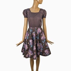 70s Square Dance Co Vintage Brown Quilted Floral Puff Sleeve full skirt Dress