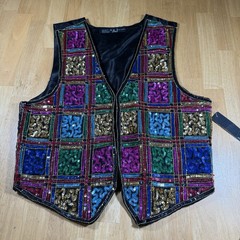 Vintage AJ Black Silk Blend Rainbow Sequins Vest Size XL NWTs