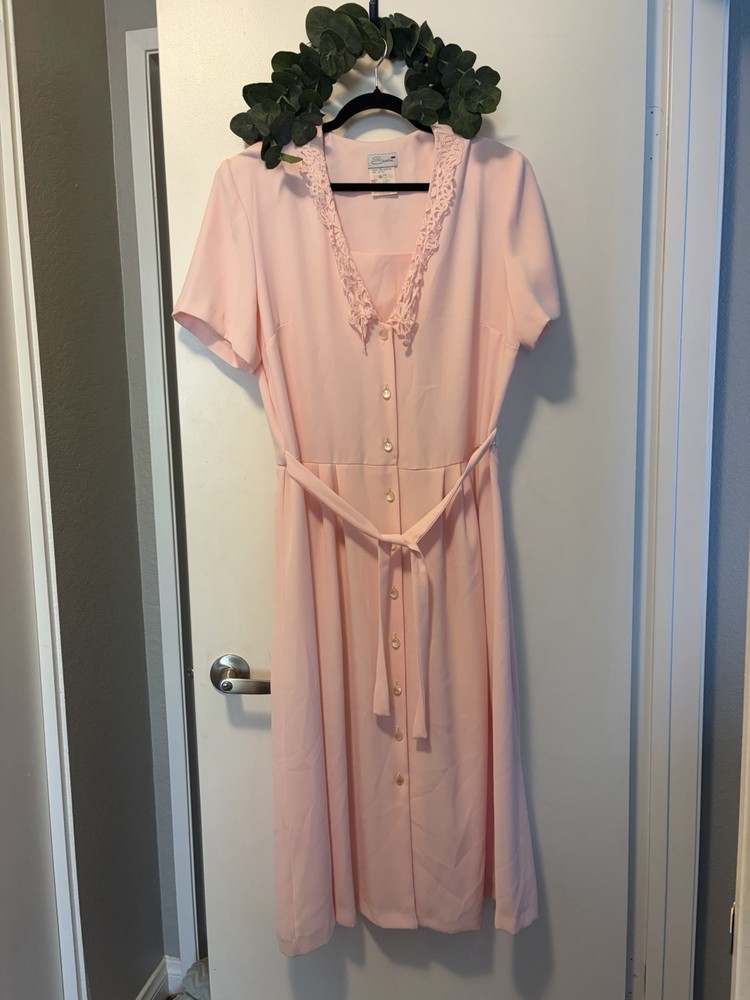 Serben Vintage Pink Lace Trim Button Front Polyester Dress Size 18 Dapper Day