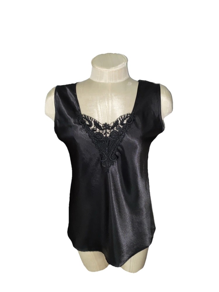 Escapades VTG 80s Wom M Black Satin Lace Embellished Tank Top MI USA
