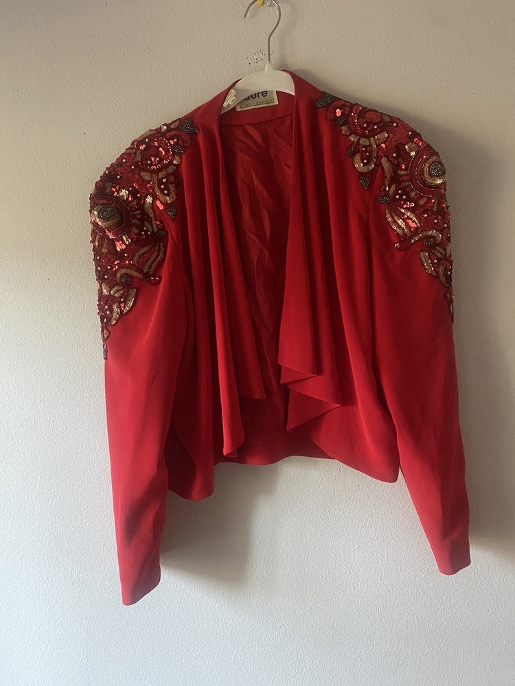D”ore By Della Roufogali Womens Beaded Sequin Red Cardigan Sz 12 Open Front