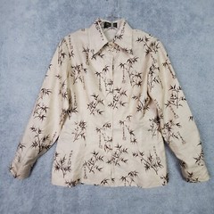 Vtg 70s Womens Silk Blouse S M Beige Top Asian Style Point Collar Bamboo Print