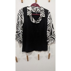 AB Studio Vintage Y2K 2-in-1 Layered Top Black White Swirl Knit Satin XL NWT