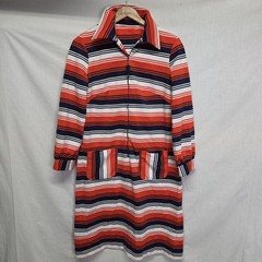 Vtg Toni Todd Day Dress Long Sleeve Collar Orange Blue Striped