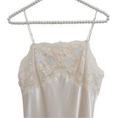 Sara Beth Vintage Cream Satin Nightgown Lace Floral Embroidery Pearl Accent 36