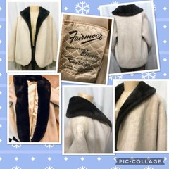 Vintage 50s Fairmoor FAUX FUR Creamy White Swing Car Coat Dark Brown Collar M L