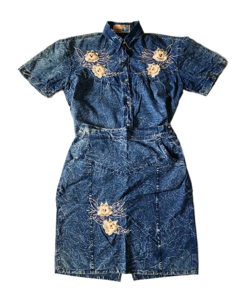 Vintage 80s Skirt and Top Denim Set Western Style w/ Multicolored Beads Snow Blu