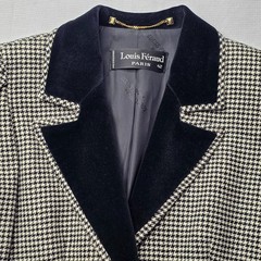 Louis Feraud Paris Vintage Women’s Wool Houndstooth Skirt Suit 42 EU Velour Trim