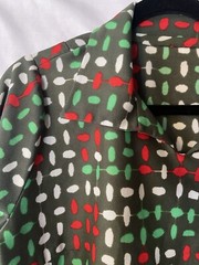Vintage 60/70’s Tunic Blouse Women’s, Olive Green & Red White Geo Print, L, EUC