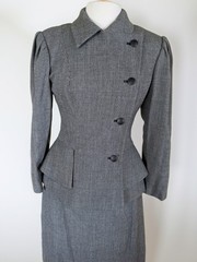 Vintage 1980s Herbert Grossman Skirt Suit Size 10 Black Gray Peplum USA ILGWU