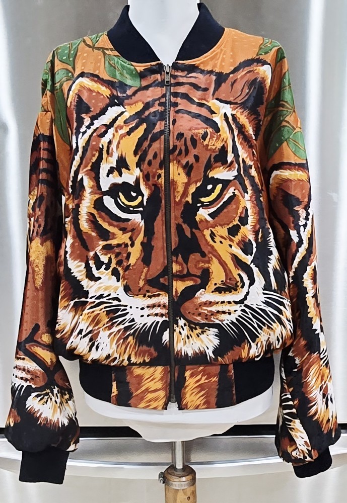 1980s SILKWORMS High Fashion Tiger Print Reflective Zip Front Bomber Jacket LG