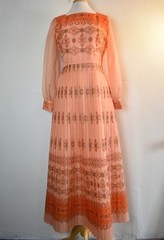 Vintage 1970’s Alfred Shaheen Peachy Pink / Orange Puff Sleeve Maxi Dress