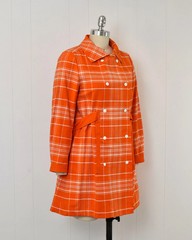 1970s Courreges Hyperbole Orange White Plaid Cotton Coat Jacket Dress