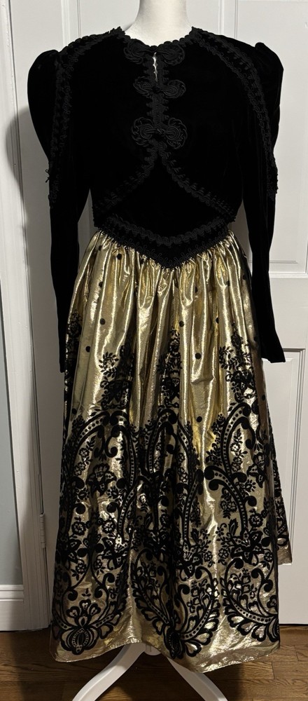 Jessica McClintock Vintage black velvet and gold two-piece dress with a bolero.