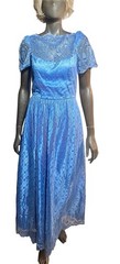 Vintage 70s 80s Maxi Dress Romantic Blue Satin Lace Cottagecore Puff Sleeve Gown