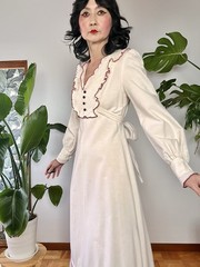 VTG 70s Lace Bib Crochet Trim Cotton Prairie Maxi Dress XS/S Cottagecore