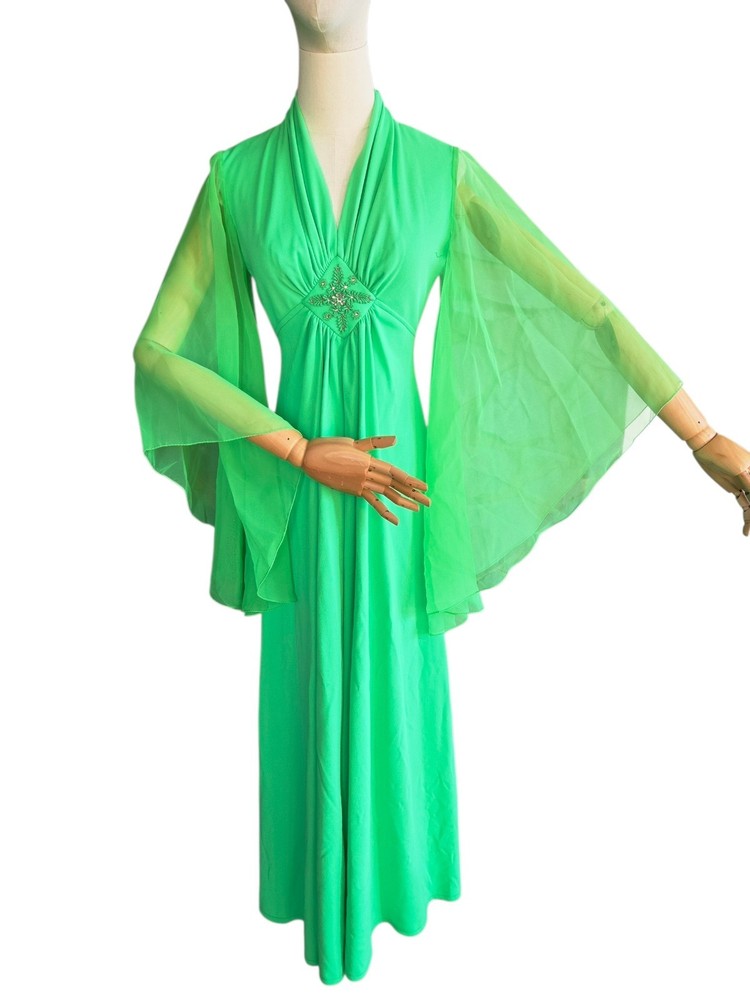 Vintage 1970s Lime Green Maxi Dress Sheer Angel Bell Sleeves Size 7/8 Home Made