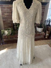 Vintage Laurence Kazar Lace New York Beaded Wedding Dress Cream Ivory Size S