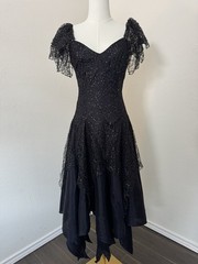 Vintage Nuance Black Lace Metallic Dot Puff Sleeve Dress Made in USA XS