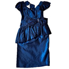 VTG 1980s Waist 28 Inch blue taffeta formal gown peplum Hair bow Union