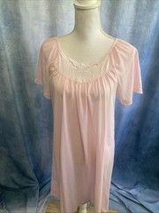 Vtg 70s 80s Pink Nylon Tricot Nightgown Sheer Flutter Sleeve Embroidery Coquette