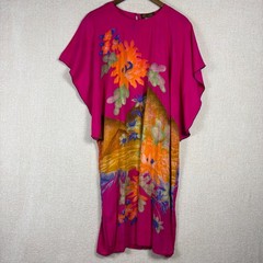 Elok Traditional Batik Indonesia Kaftan Dress Pink Floral Viscose Rayon One Size