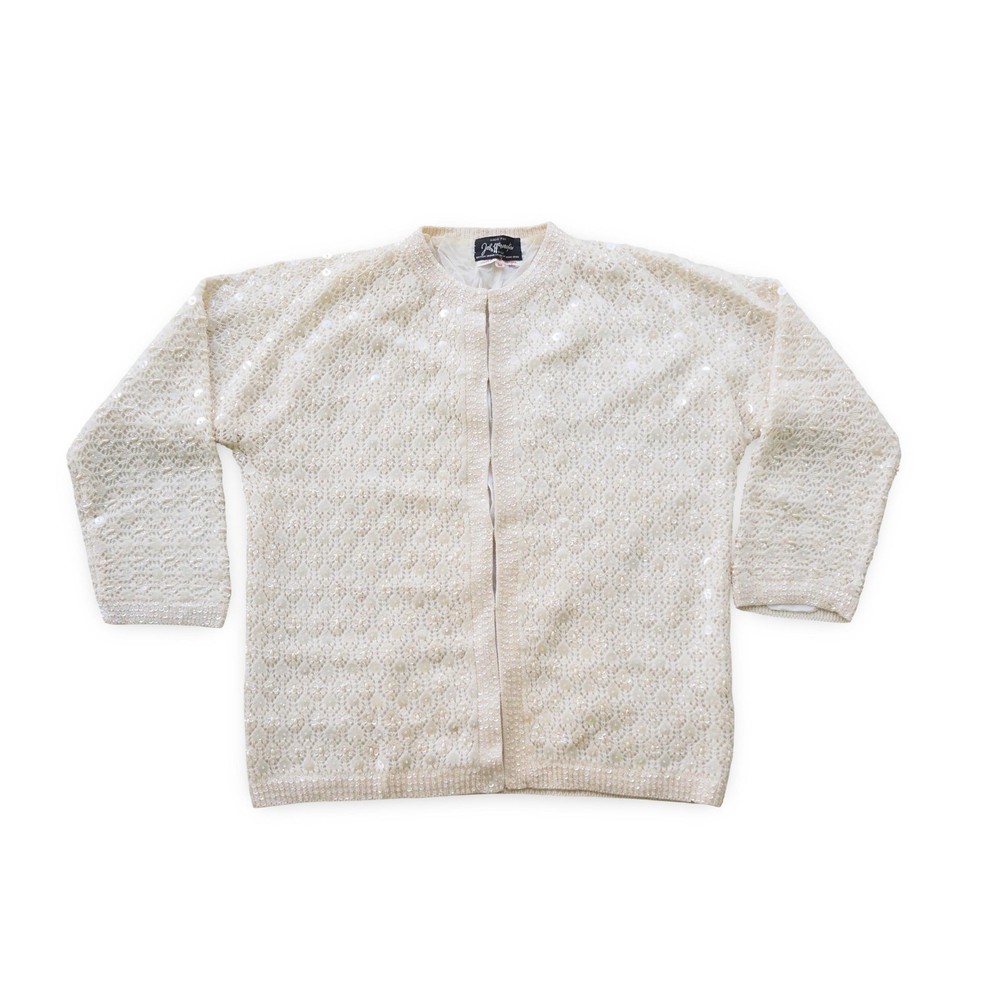 John Wanamaker Vintage Beaded Sequin Cardigan Women’s 38 Ivory Wool Open Front