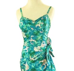 1950s Sarong Tie Hawaiian Dress The Kahala Made In Honolulu Teal Blue Tiki Vtg