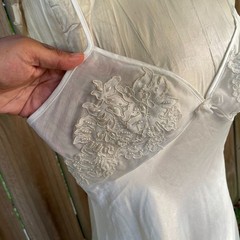 Vintage DENTELLE Off White Satin Bridal Slipdress GOWN Lace Pearls Sheer M