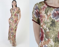 Vtg 90s Romantic Watercolor Dress Gypsy Y2K Slip Sundress Long Slim 00s Maxi 8