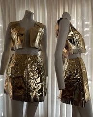 1960s Gold Metallic Mod Set Handmade Two Piece Skirt Space Age Foil Vinyl Fabric