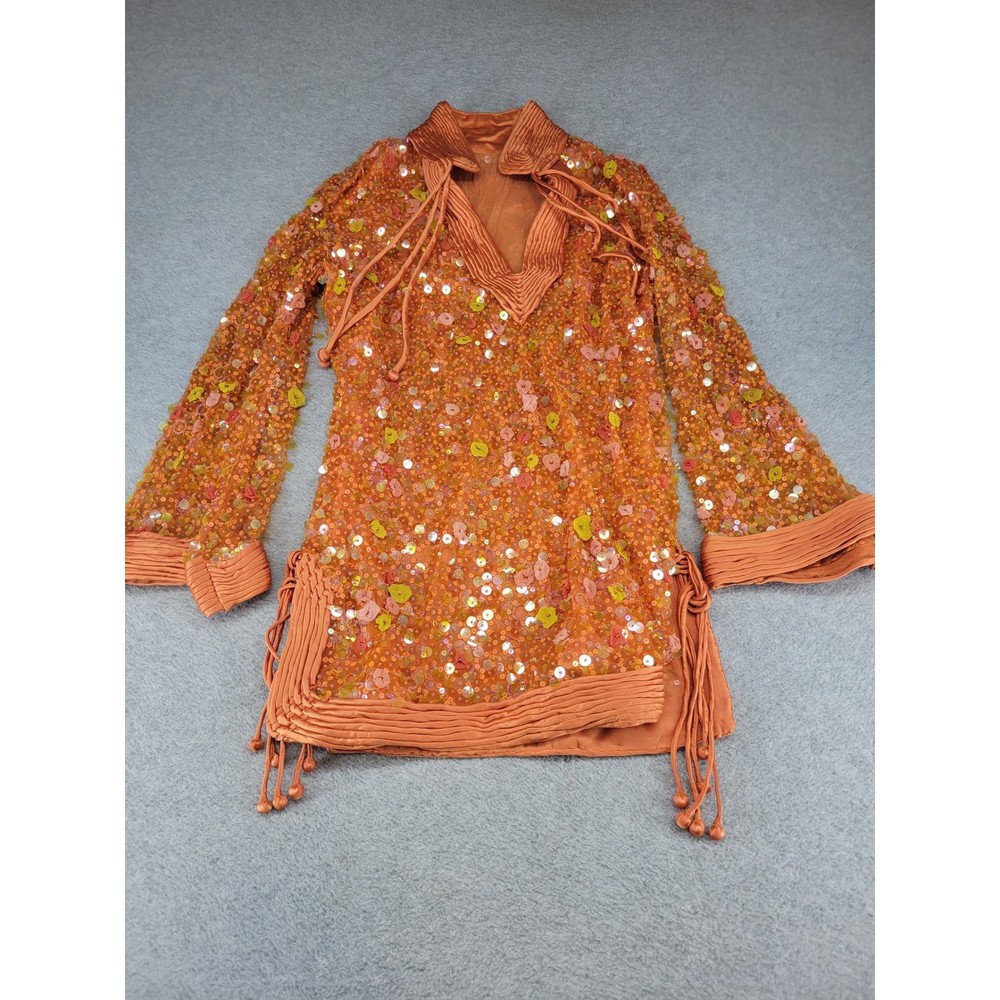 Vintage Silk Sequin Tunic Dress Orange Floral Beaded Tassel Boho Womens Size 16