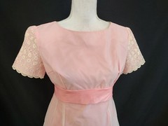 60’s Vintage Pink Dress Eyelet Organza Taffeta Coquette Girly Short Sleeve XS/S