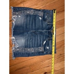 American Eagle Hi-Rise Mini Denim Skirt Embroidered Distressed Sz 10 T57-10