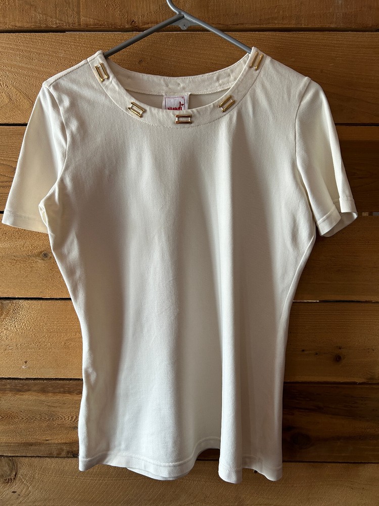 Vintage MONDI Designer 1980’s Cream Form-Fitting Stretchy Tee with Gold Bars