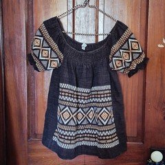 Vintage Maya Palace Guatemala Brown Cotton Embroidered Folk Art Blouse Geometric