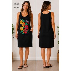 Vintage Anvil Hawaii Hibiscus Floral Graphic Tank Top Dress Black OSFA USA Made