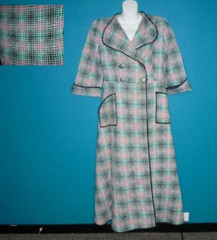 Vtg 1940s Paintset Long Quilted Cotton Robe Black Aqua Pink Plaid Sz L/XL