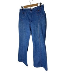 Vintage 70s Wrangler Flare Jeans 33 Bell Bottoms High Rise Crop Hippie Disco