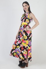 Vtg White Cotton Sundress Barkcloth Hawaiian Open Back Tiki Luau Maxi Dress