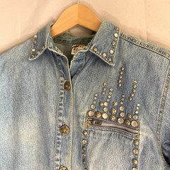 Vintage 80s Monique Denim Button Down Top Bedazzled Studded Size S 6P Acid Wash
